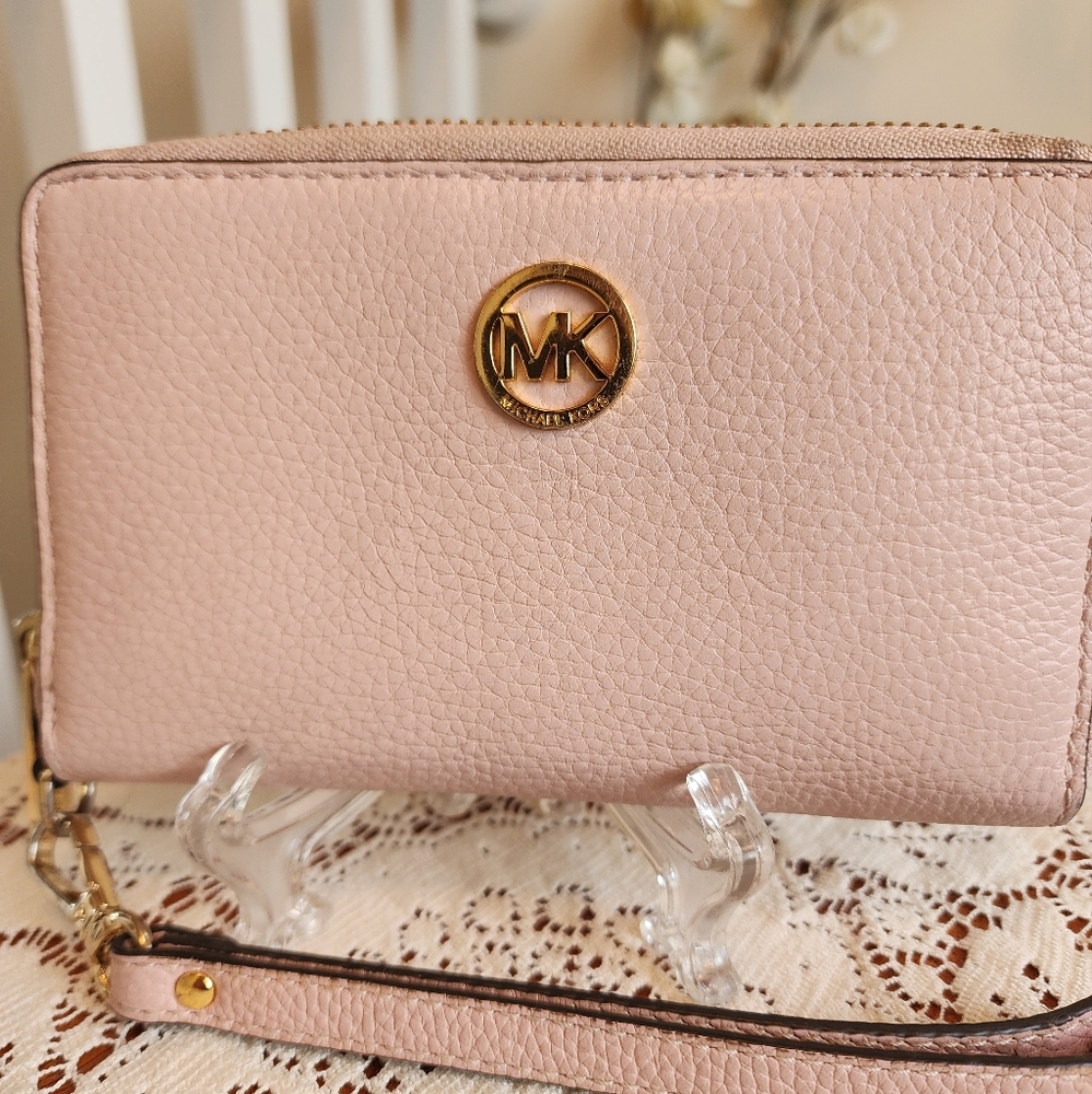 Michael Kors Pink Pebbled Leather Wallet with Gold Emblem